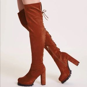 Red Thigh High Lace Up Boots